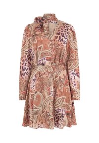 Robe à manches longues marron et violette avec imprimé cachemire et léopard, avec un col à nouer et une ceinture assortie à la taille.