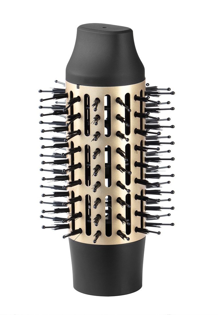 Hårstylingsverktyg med en svart topp och gyllene kropp. Har flera cylindriska piggar och hål för luftflöde, utformat för effektiv styling.