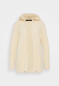 Krémový pletený kardigan s kapucí, otevřený vpředu a s dlouhými rukávy, s texturovaným vzorem po celé ploše.