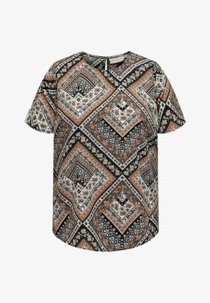 Korte mouwen top van lichtgewicht stof met een zwart, oranje en witte diamandpatroon en bloemaccenten, voorzien van een ronde halslijn.