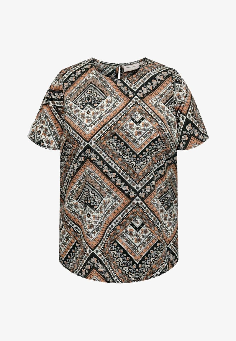 Kurzarmoberteil aus leichtem Stoff mit einem schwarz-orange-weißen Rautenmuster, verziert mit floralen Akzenten und einem runden Halsausschnitt.