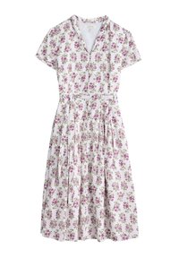 Vit klänning med ett blommönster i rosa och grönt, korta ärmar, V-ringning och knytband i midjan, med plisseringar i kjolen.