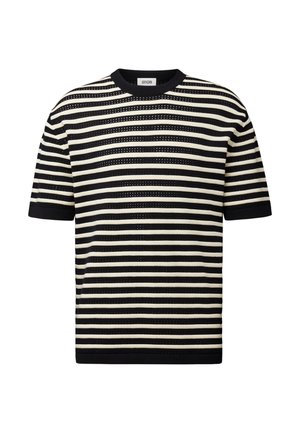 Black and beige horizontal striped short-sleeve sweater with a crew neckline and ribbed cuffs and hem.