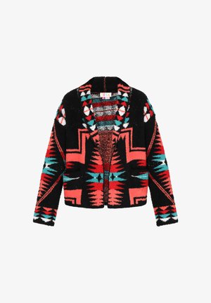 Puhasta črna kardigan z večbarvnimi geometrijskimi vzorci v rdeči, turkizni in beli barvi, z odprtim sprednjim delom in dvema stranskima žepoma.