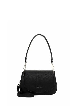 Black leather handbag with a pebbled texture, a curved flap, silver hardware, and a detachable strap for crossbody or shoulder wear.
