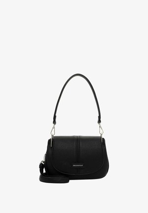 Schwarze Lederhandtasche mit einer genarbten Textur, einer geschwungenen Klappe, silbernem Beschlag und einem abnehmbaren Schulterriemen für Crossbody- oder Schulter-Trageweise.
