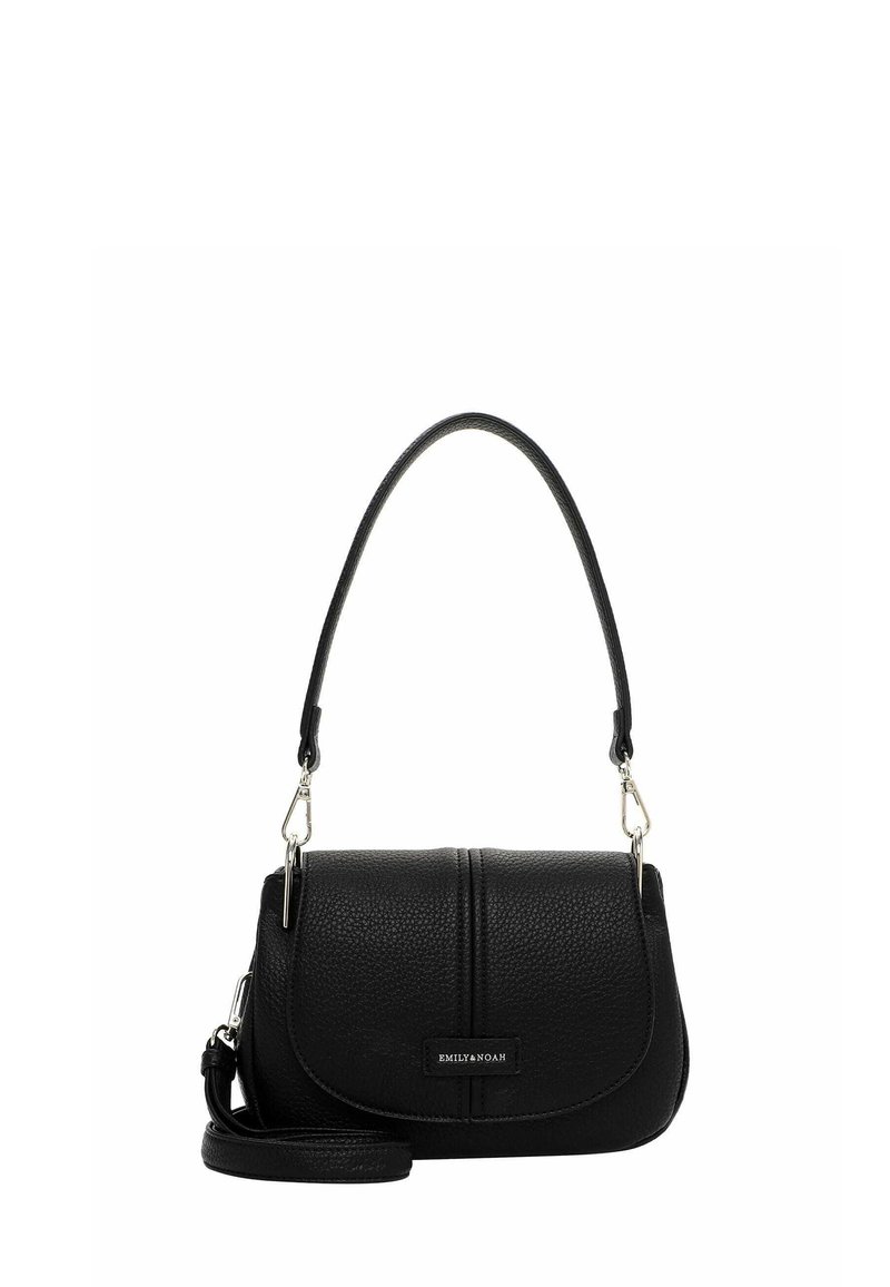 Black leather handbag with a pebbled texture, a curved flap, silver hardware, and a detachable strap for crossbody or shoulder wear.