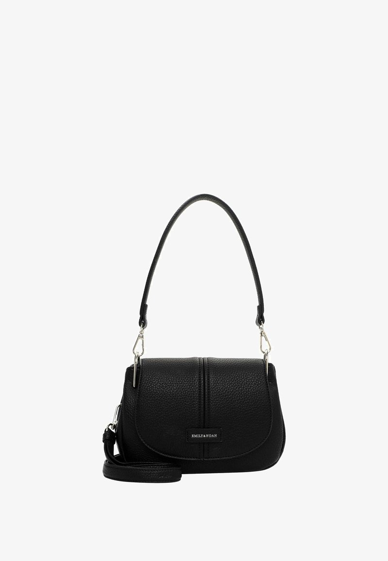 Black leather handbag with a pebbled texture, a curved flap, silver hardware, and a detachable strap for crossbody or shoulder wear.
