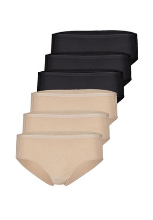 Sechs hoch taillierte Slips, in zwei Reihen angeordnet, drei beige vorne und drei schwarze dahinter, auf weißem Hintergrund gezeigt.