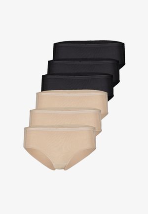 Sechs hoch taillierte Slips, in zwei Reihen angeordnet, drei beige vorne und drei schwarze dahinter, auf weißem Hintergrund gezeigt.