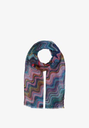 Sciarpa multicolore con motivo ondulato nelle tonalità di blu, rosa e viola, realizzata in un materiale leggero e strutturato, con bordi frangiati.