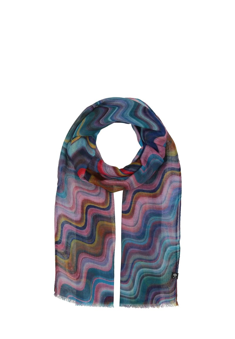 Sciarpa multicolore con motivo ondulato nelle tonalità di blu, rosa e viola, realizzata in un materiale leggero e strutturato, con bordi frangiati.