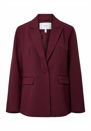 Dieprode bordeauxkleurige, op maat gemaakte blazer met enkele knoopsluiting, inkepingrevers, lange mouwen en twee klepzakken aan de voorkant.