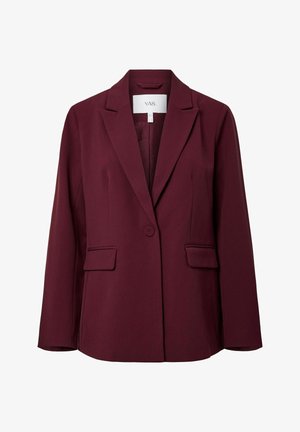 Dieprode bordeauxkleurige, op maat gemaakte blazer met enkele knoopsluiting, inkepingrevers, lange mouwen en twee klepzakken aan de voorkant.