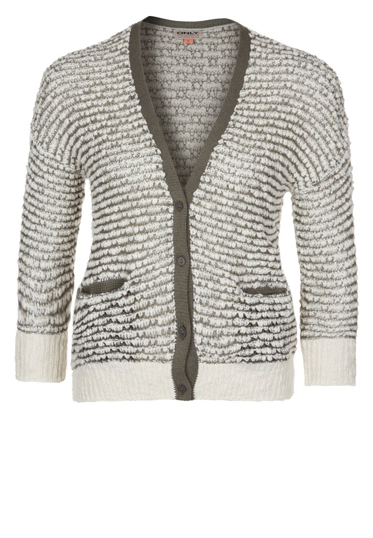 Stickad kofta med en blandning av vita och grå randiga mönster, med v-ringning, två framfickor samt olivgröna detaljer och knappar.
