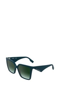 Ciemnozielone okulary przeciwsłoneczne o masywnym, prostokątnym kształcie. Wykonane z plastiku z gradientowymi soczewkami, z logo Karl Lagerfeld na zausznikiem.