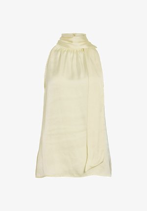 Ujjatlan krémszínű szatén blúz magas, ráncolt nyakkivágással és hosszú, egyik oldalon lecsüngő anyagszalaggal.