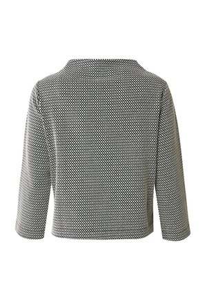 Zwart-wit gemusterde gebreide top met een brede kraag, driekwart mouwen en een cropped snit. Gladde textuur met geometrisch ontwerp.