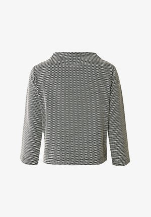 Sort-hvid mønsterstrik med bred krave, trekvartærmer og cropped snit. Blød tekstur med geometrisk design.