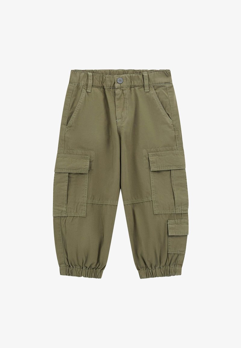 Olijfgroene cargobroek van katoen met een elastische tailleband, meerdere zijzakken en elastische boorden bij de enkels.
