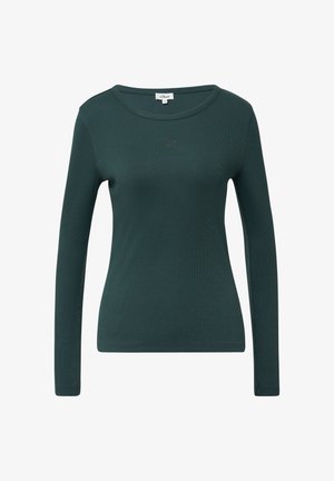 Tume roheline pikakäistega sobiv top, mis on valmistatud ribakujulisest kangast. Omab ümarat kaelust ja väikest tikandlogot esiküljel.