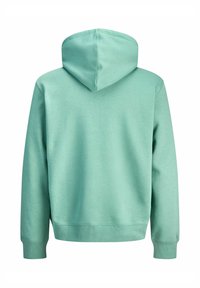 Minzgrüner Kapuzenpullover mit glatter Textur, ausgestattet mit einer zentralen Rückennaht sowie gerippten Bündchen und Saum. Einfaches, schmuckloses Design.