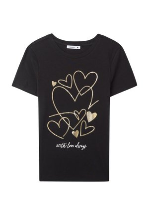 T-shirt in cotone nero con un design a cuore dorato e linee curve, accompagnato dal testo "con amore per sempre" in bianco. Maniche corte e colletto rotondo.