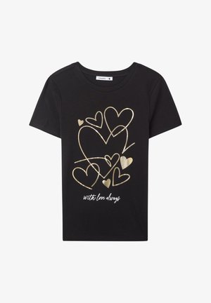 T-shirt in cotone nero con un design a cuore dorato e linee curve, accompagnato dal testo "con amore per sempre" in bianco. Maniche corte e colletto rotondo.