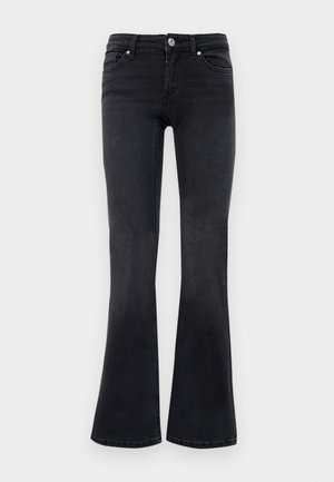Sorte denim bootcut jeans med frontknapp, glidelås, beltestropper og fem-lomme design.