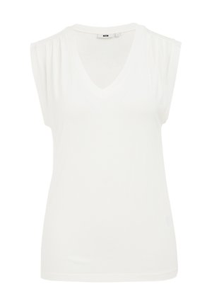 White v-neck sleeveless top with structured shoulder detail, made of soft fabric; smooth texture and simple design without patterns.