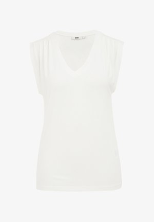 Balta v-kaklo be rankovių palaidinė su struktūruotomis pečių detalėmis, pagaminta iš minkštu audiniu; sklandi tekstūra ir paprastas dizainas be raštų.