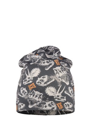 Fleece beanie featuring a dark gray background with white dinosaur skull prints and orange "Dino Expert" text. Stretchy and soft texture.