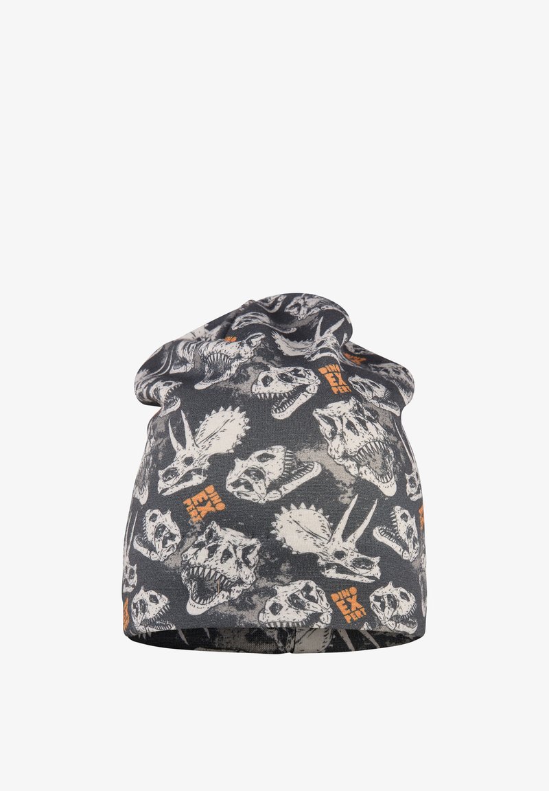 Fleece beanie featuring a dark gray background with white dinosaur skull prints and orange "Dino Expert" text. Stretchy and soft texture.