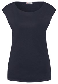 Haut en maille bleu marine à manches courtes avec encolure ronde et légères manches courtes, portant une étiquette de marque Street One à l'intérieur du col.