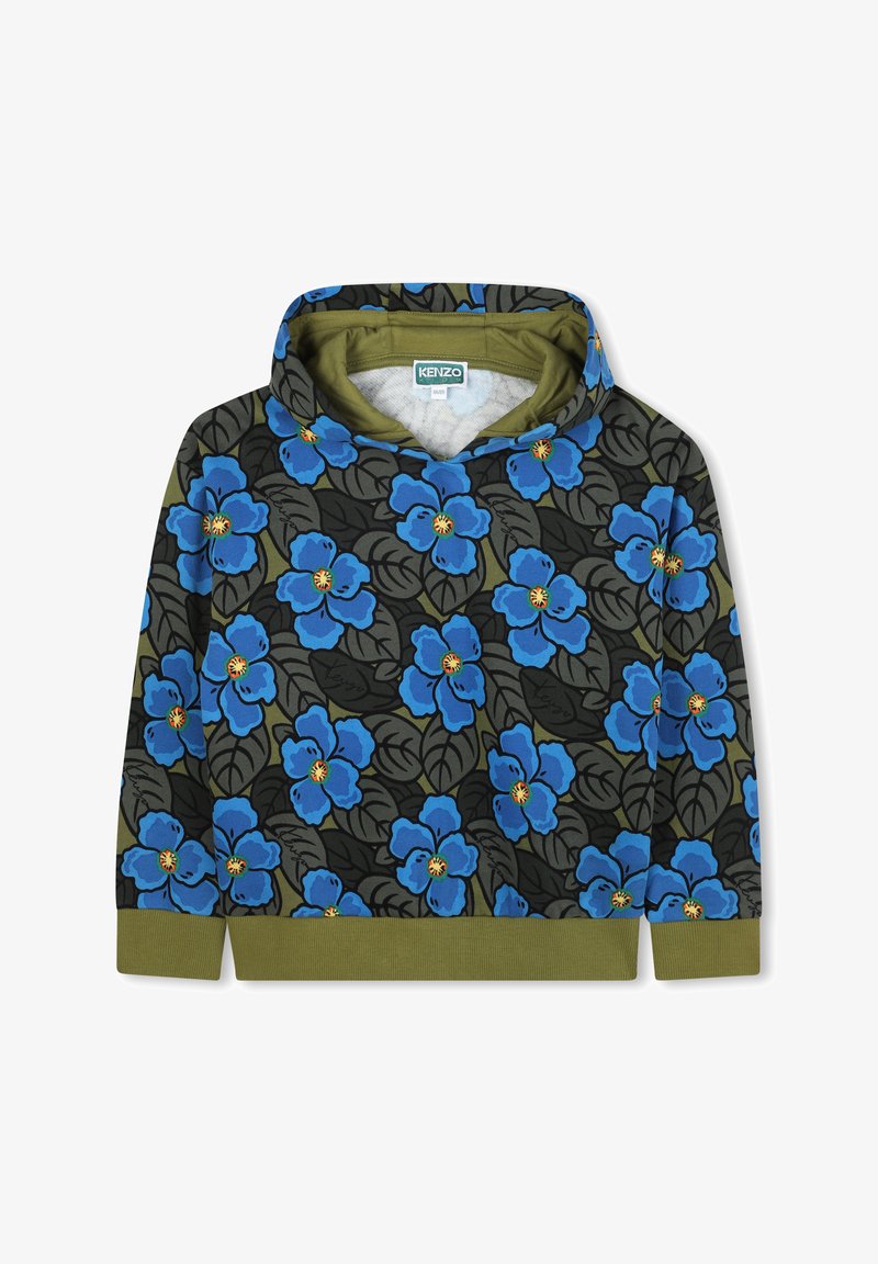 Felpa con cappuccio caratterizzata da uno sfondo nero decorato con grandi fiori blu e foglie verdi, con polsini e orlo verdi.