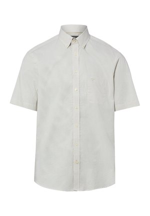 Koszula na krótki rękaw z niewielkim beżowo-białym wzorem w kratkę, kołnierzem zapinanym na guziki i kieszenią na piersi.