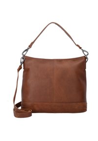 Braune Leder-Schultertasche mit glatter Textur, flachem Boden, verstellbarem Riemen, metallischen Akzenten und einem eingravierten Logo am Boden.
