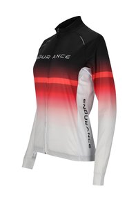 Cyklistická bunda s dlouhým rukávem, s přechodem barev od černé přes červenou po bílou, se zapínáním na zip a logem "ENDURANCE" na přední straně.