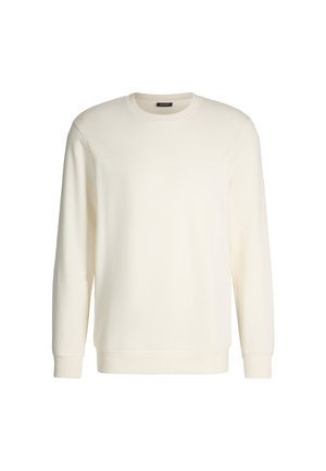 Jasny kremowy sweatshirt wykonany z miękkiej bawełny, z okrągłym dekoltem, długimi rękawami, ściągaczami na mankietach oraz małym haftowanym logo na piersi.