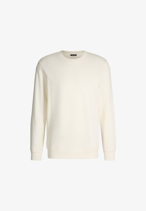 Jasny kremowy sweatshirt wykonany z miękkiej bawełny, z okrągłym dekoltem, długimi rękawami, ściągaczami na mankietach oraz małym haftowanym logo na piersi.