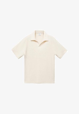 Short-sleeve polo shirt in cream color, featuring a soft knit texture, classic collar design, and a relaxed fit.