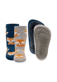 Socken mit Fuchs-Muster in Grau und Marineblau, ausgestattet mit einer rutschfesten Gummisohle. Strukturierter Stoff mit kontrastierenden Farben und verspielten Tiermotiven.
