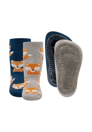 Socken mit Fuchs-Muster in Grau und Marineblau, ausgestattet mit einer rutschfesten Gummisohle. Strukturierter Stoff mit kontrastierenden Farben und verspielten Tiermotiven.