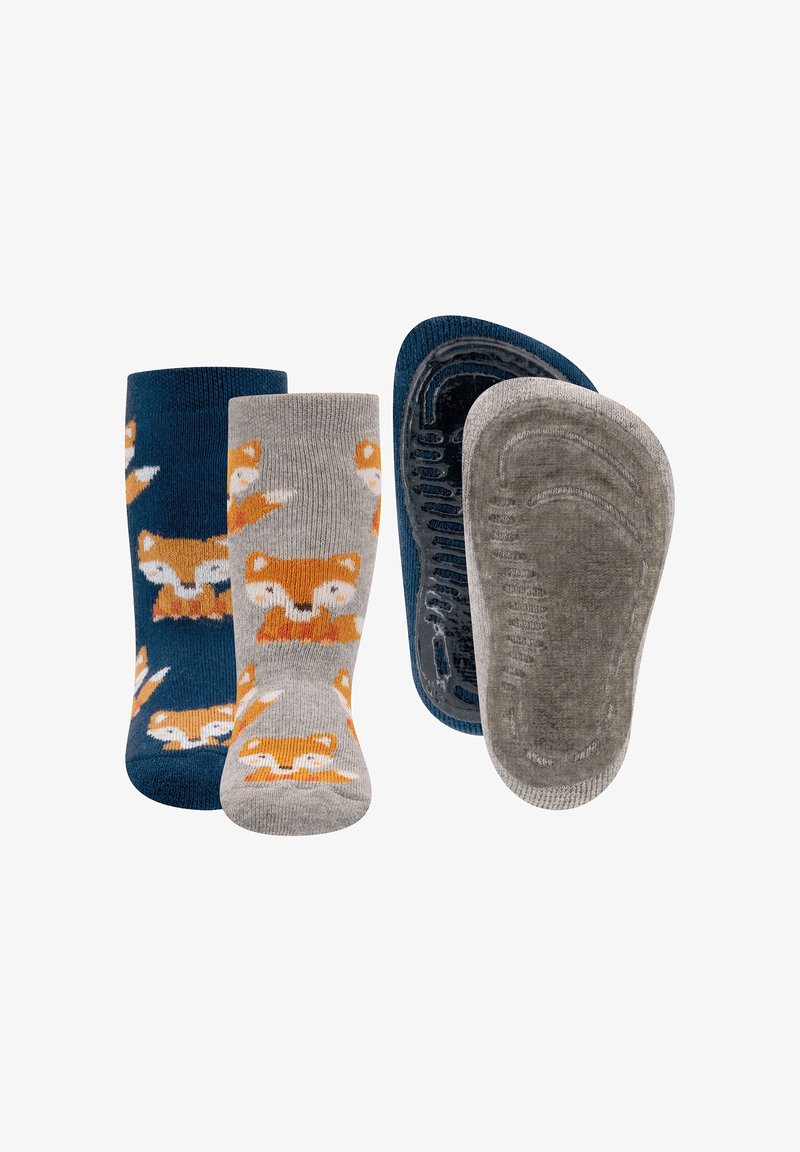 Chaussettes à motif renard en gris et bleu marine, dotées d'une semelle en caoutchouc antidérapante. Tissu texturé avec des couleurs contrastantes et des motifs d'animaux ludiques.