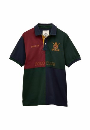 Polo rugby cu mânecă scurtă, cu panouri în burgundy, verde și bleumarin, având broderie cu textul "Joules" și "Polo Club".