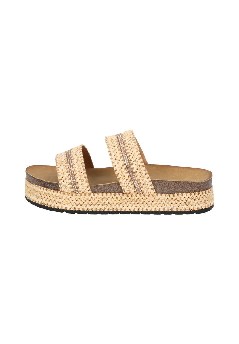 Geweven stro platform sandalen met twee brede banden, een tan voetbed en een gestructureerde zool. Bevat metallic accenten in het bandontwerp.