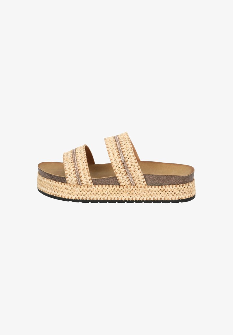 Geweven stro platform sandalen met twee brede banden, een tan voetbed en een gestructureerde zool. Bevat metallic accenten in het bandontwerp.