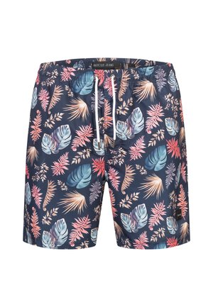 Shorts de bain bleu foncé avec un motif de feuilles tropicales en rose, vert et bleu clair. Dotés d'une taille élastique et d'un cordon de serrage.