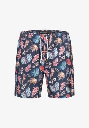 Shorts de bain bleu foncé avec un motif de feuilles tropicales en rose, vert et bleu clair. Dotés d'une taille élastique et d'un cordon de serrage.