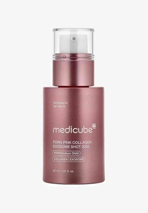 Medicube PDRN Pink Collagen Exosome Shot 2000 flacon spray rose métallique, sérum des soins de la peau de 30 ml avec collagène et exosomes.